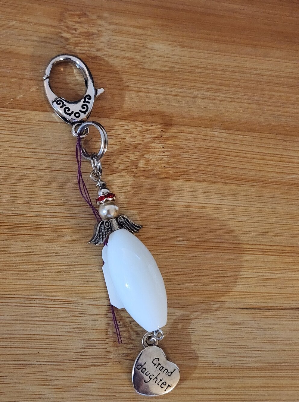 Hand Crafted Angel Purse Charm Granddaughter Personalized Charm White Beige 4.5